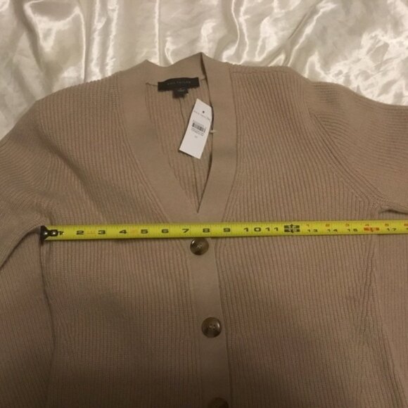 Ann Taylor Long Sleeve Ribbed Long Khaki Sweater Dress Button Down V Neck M - Picture 8 of 10